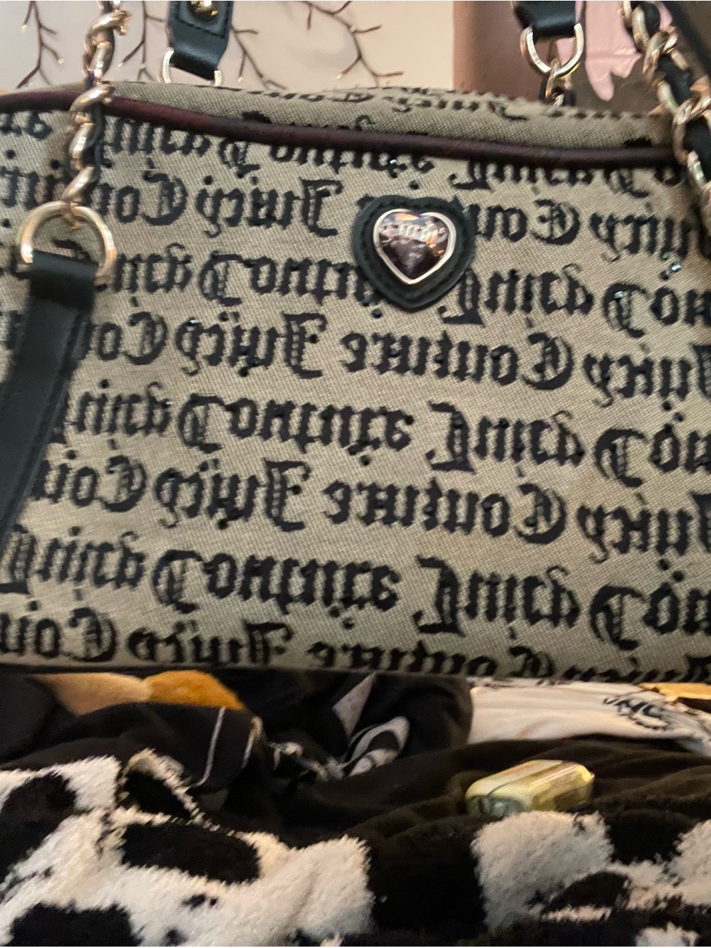 Juicy Couture Black Script Canvas Shoulder Bag with Heart Medallion
